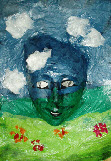 Tissue and glue collage mask of a Countryside scene