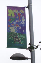 Medieval banner for the Robin Hood Pageant, Nottingham made by a SureStart group