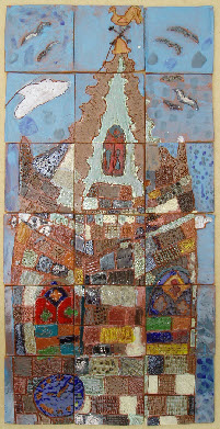 Tiles painted with brush on glaze in architectural colours and textures