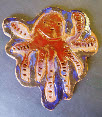 Drawn design in wet clay tile, painted with brush on glazes