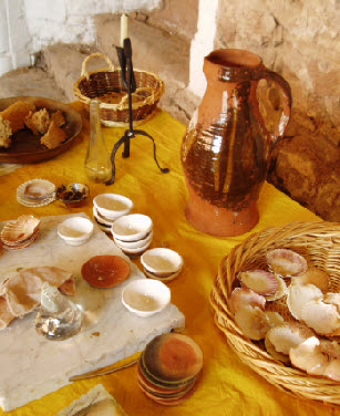 Egg tempera paints, shells as pallettes, glass muller and marble slab