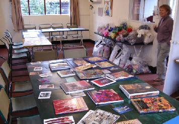 Felt making course setup with books, examples and fleece